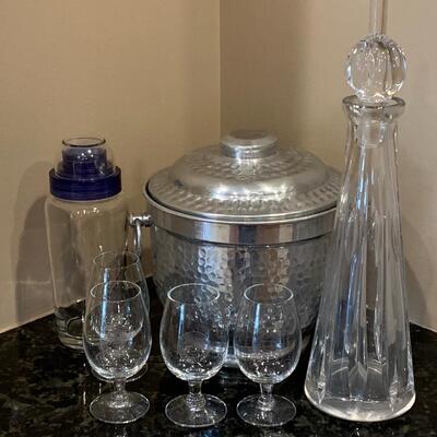 LOT 34R  Vintage Hammered Aluminum Ice Bucket, Crystal Decanter Glass Mixer & More