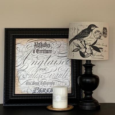 LOT 43R: Home Decor: "Calligraphe" Print  & Accent Lamp