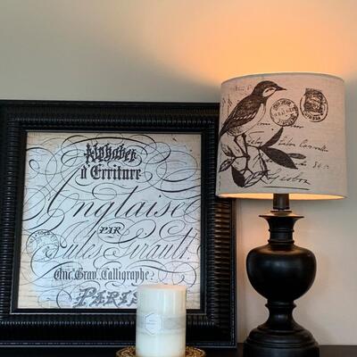 LOT 43R: Home Decor: "Calligraphe" Print  & Accent Lamp
