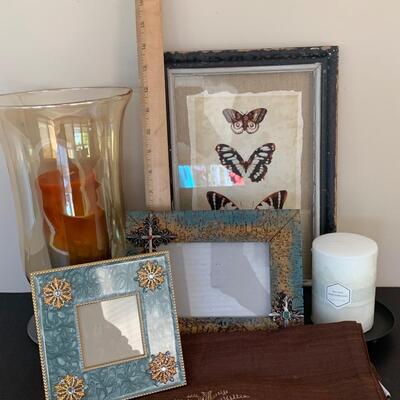 LOT 45R: Home Decor Collection:  Butterfly Print, Glass Candle Holder w/Candle & More