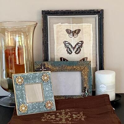 LOT 45R: Home Decor Collection:  Butterfly Print, Glass Candle Holder w/Candle & More