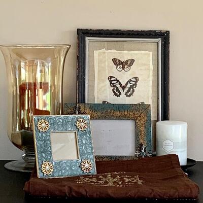 LOT 45R: Home Decor Collection:  Butterfly Print, Glass Candle Holder w/Candle & More