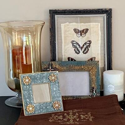 LOT 45R: Home Decor Collection:  Butterfly Print, Glass Candle Holder w/Candle & More