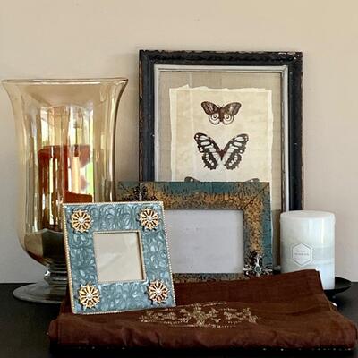 LOT 45R: Home Decor Collection:  Butterfly Print, Glass Candle Holder w/Candle & More