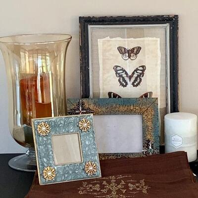 LOT 45R: Home Decor Collection:  Butterfly Print, Glass Candle Holder w/Candle & More