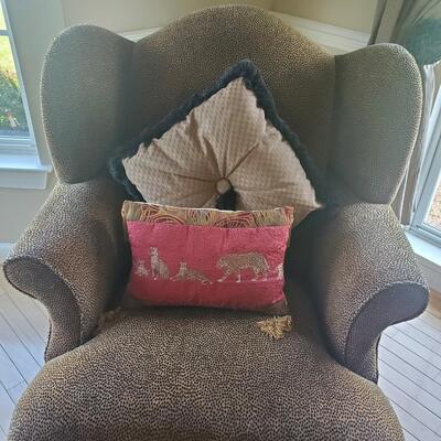LOT 68G: Leopard Print "Comfy" Chair, Ottoman & Pillows