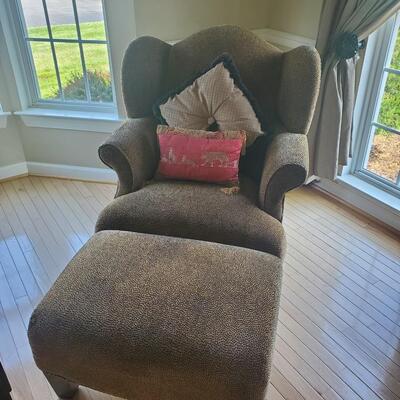 LOT 68G: Leopard Print "Comfy" Chair, Ottoman & Pillows