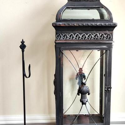 LOT 84RP: Large Metal & Glass Lantern & Iron Wreath Hook