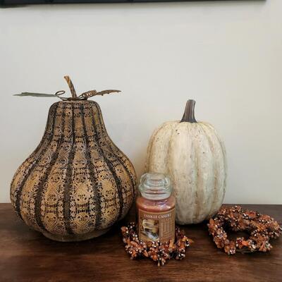 LOT 95RP: Collection of Six Fall Holiday Decor Items: Yankee Candle, Metal Gourd & More