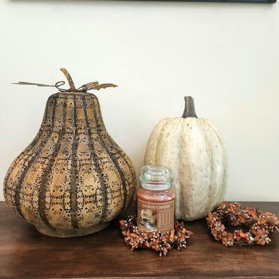 LOT 95RP: Collection of Six Fall Holiday Decor Items: Yankee Candle, Metal Gourd & More