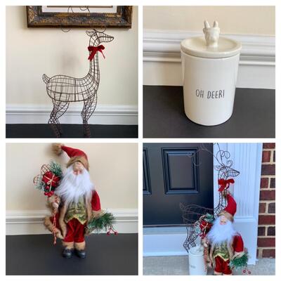 LOT 117R:  Holiday Decor: Wire Reindeer, Santa, & Reindeer Snack Jar "Oh Deer"