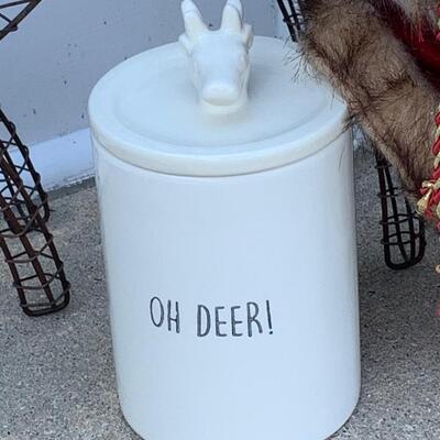 LOT 117R:  Holiday Decor: Wire Reindeer, Santa, & Reindeer Snack Jar "Oh Deer"