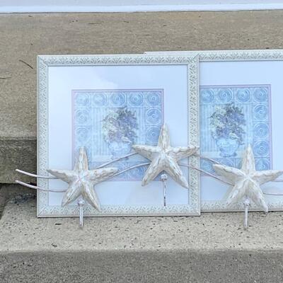 LOT 120: Floral Home Decor Prints "Lilacs" & White Washes Stars Wall Hooks