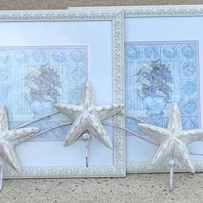 LOT 120: Floral Home Decor Prints "Lilacs" & White Washes Stars Wall Hooks