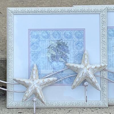 LOT 120: Floral Home Decor Prints "Lilacs" & White Washes Stars Wall Hooks