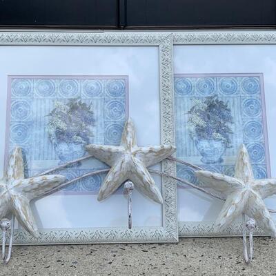 LOT 120: Floral Home Decor Prints "Lilacs" & White Washes Stars Wall Hooks