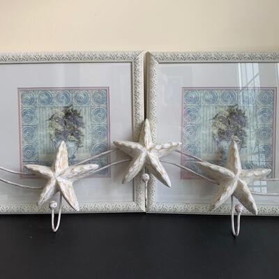 LOT 120: Floral Home Decor Prints "Lilacs" & White Washes Stars Wall Hooks