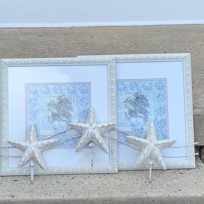 LOT 120: Floral Home Decor Prints "Lilacs" & White Washes Stars Wall Hooks