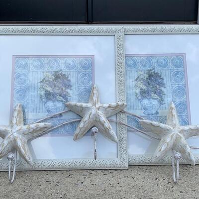 LOT 120: Floral Home Decor Prints "Lilacs" & White Washes Stars Wall Hooks