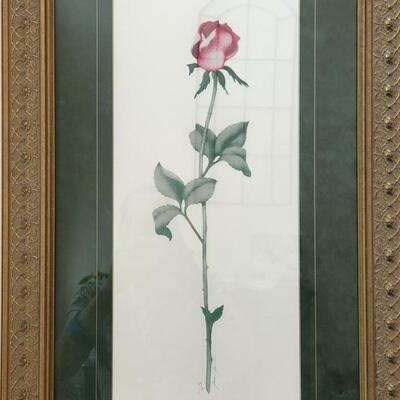 LOT 132RP: Beautiful Ornate Gold Framed Watercolor Style Rose, Signed