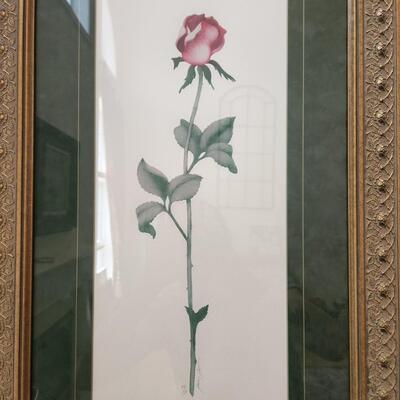 LOT 132RP: Beautiful Ornate Gold Framed Watercolor Style Rose, Signed