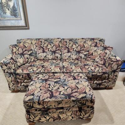 LOT 136RP: Leaf Pattern Full Sofa Bed w/ Storage Ottoman