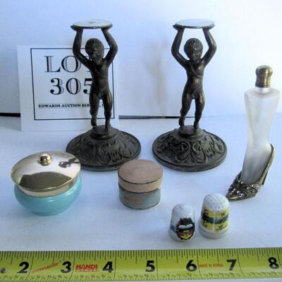 Lot of Misc Stuff, Figural Bases, Thimbles, Perfume Bottle