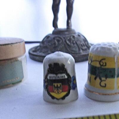 Lot of Misc Stuff, Figural Bases, Thimbles, Perfume Bottle