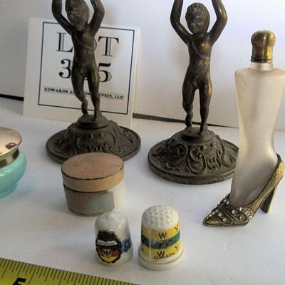Lot of Misc Stuff, Figural Bases, Thimbles, Perfume Bottle