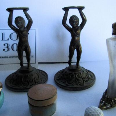 Lot of Misc Stuff, Figural Bases, Thimbles, Perfume Bottle