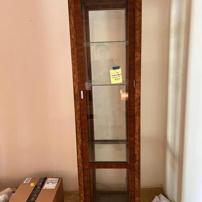 Patterned wood with glass shelves display case
