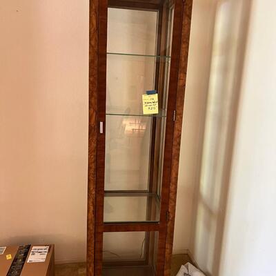 Patterned wood with glass shelves display case