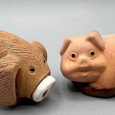 Pair of Ceramic Clay Figural Pig Collectible Figurines