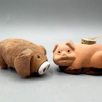 Pair of Ceramic Clay Figural Pig Collectible Figurines