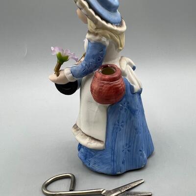 Vintage Price Products Sewing String Spool Holder & Scissors Flower Girl Ceramic Figurine