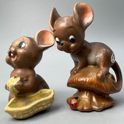 Vintage Josef Originals Mouse Village Mouse Eating a Peanut & Mushroom Ladybug Ceramic Mice Figurines
