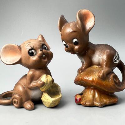 Vintage Josef Originals Mouse Village Mouse Eating a Peanut & Mushroom Ladybug Ceramic Mice Figurines