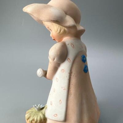 Vintage Blue Button Twins Hoga Little Girl With Watering Can Ceramic Figurine