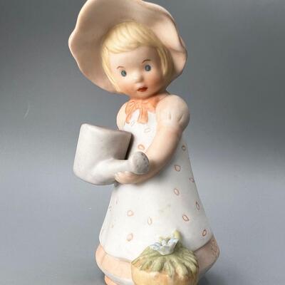 Vintage Blue Button Twins Hoga Little Girl With Watering Can Ceramic Figurine