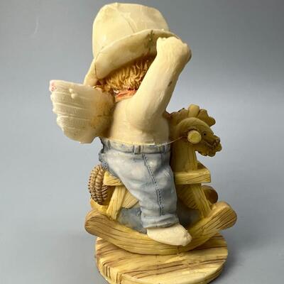Vintage Clay Resin Cowboy Baby Angel Rocking Horse Figurine