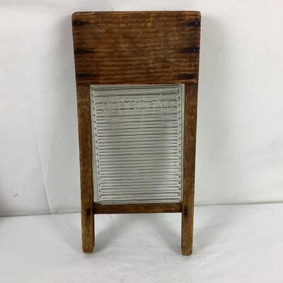 Lot. 5410. Antique Childs Blackboard/Wood& Glass Miniature Salesmanâ€™s Sample Washboard/Amsco Doll-E-Toy Baby Bottle Set/Wooden...