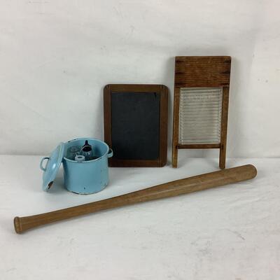 Lot. 5410. Antique Childs Blackboard/Wood& Glass Miniature Salesmanâ€™s Sample Washboard/Amsco Doll-E-Toy Baby Bottle Set/Wooden...