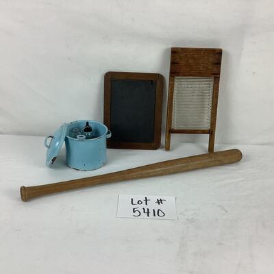 Lot. 5410. Antique Childs Blackboard/Wood& Glass Miniature Salesmanâ€™s Sample Washboard/Amsco Doll-E-Toy Baby Bottle Set/Wooden...