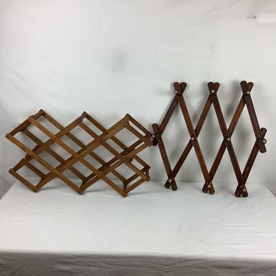 Lot. 5416. Vintage Accordion Wooden Hat Rack & Vintage Expanding  Wooden Wine Rack
