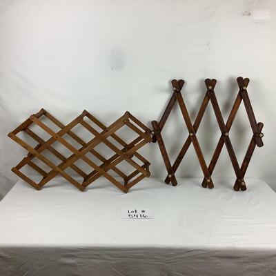 Lot. 5416. Vintage Accordion Wooden Hat Rack & Vintage Expanding  Wooden Wine Rack