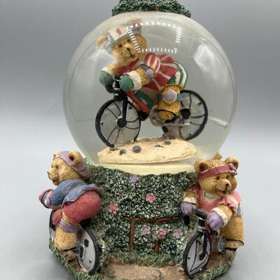 Retro Bears Cycling Bicycle Windup Music Box Snowglobe