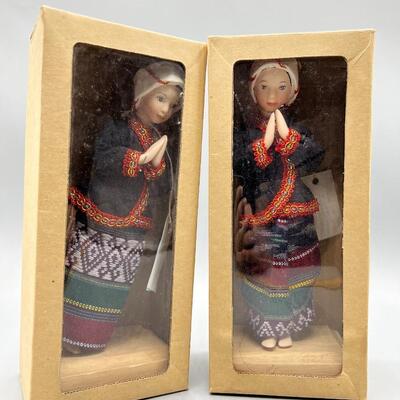 Pair of Northern Girl Tai Lue Handcrafted by Chiang Mai Thailand Porcelain Felt Dolls with Stands