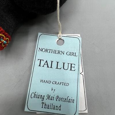 Pair of Northern Girl Tai Lue Handcrafted by Chiang Mai Thailand Porcelain Felt Dolls with Stands