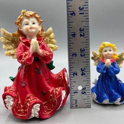 Pair of Clay Resin Red & Blue Praying Angel Religious Figurines