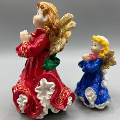 Pair of Clay Resin Red & Blue Praying Angel Religious Figurines